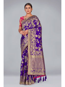Monjolika Fashion - Women Purple Silk Woven Saree with Unstitched Blouse