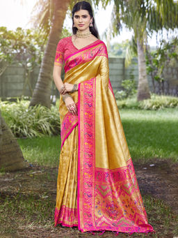 Sangam Prints - Women Yellow Silk Woven Saree with Unstitched Blouse