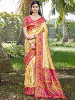 Sangam Prints - Women Beige Silk Woven Saree with Unstitched Blouse