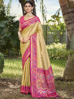 Sangam Prints - Women Beige Silk Woven Saree with Unstitched Blouse