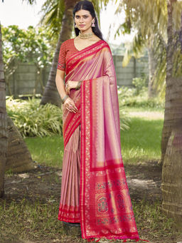 Sangam Prints - Women Pink Silk Woven Saree with Unstitched Blouse