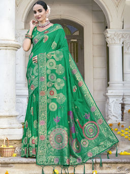 Sangam Prints - Women Green Silk Woven Saree with Unstitched Blouse