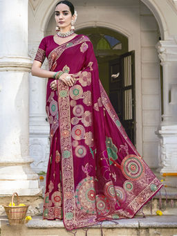 Sangam Prints - Women Magenta Silk Woven Saree with Unstitched Blouse