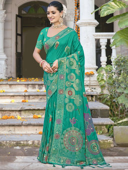 Sangam Prints - Women Teal Silk Woven Saree with Unstitched Blouse