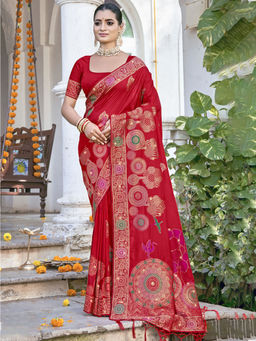 Sangam Prints - Women Red Silk Woven Saree with Unstitched Blouse