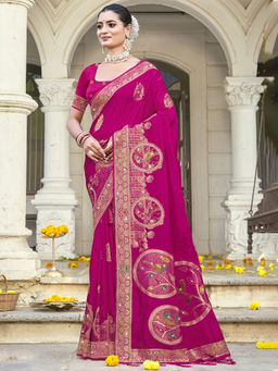 Sangam Prints - Women Pink Silk Woven Saree with Unstitched Blouse