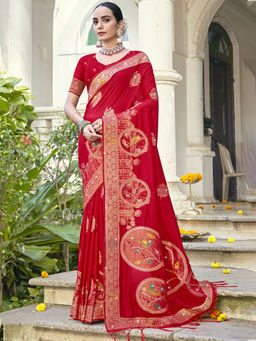 Sangam Prints - Women Red Silk Woven Saree with Unstitched Blouse