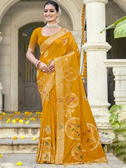 Sangam Prints - Women Mustard Silk Woven Saree with Unstitched Blouse