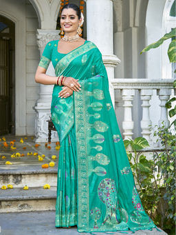 Sangam Prints - Women Turquoise Silk Woven Saree with Unstitched Blouse