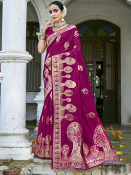 Sangam Prints - Women Magenta Silk Woven Saree with Unstitched Blouse