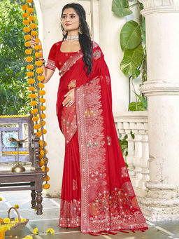 Sangam Prints - Women Red Silk Woven Saree with Unstitched Blouse