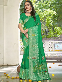Sangam Prints - Women Green Silk Woven Saree with Unstitched Blouse