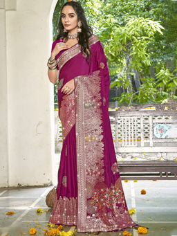 Sangam Prints - Women Magenta Silk Woven Saree with Unstitched Blouse