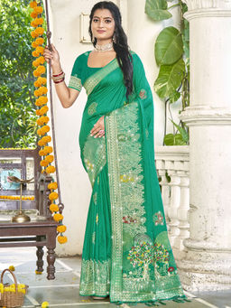 Sangam Prints - Women Teal Silk Woven Saree with Unstitched Blouse