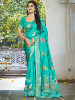 Sangam Prints - Women Turquoise Silk Woven Saree with Unstitched Blouse