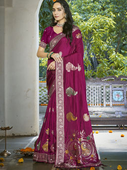 Sangam Prints - Women Magenta Silk Woven Saree with Unstitched Blouse