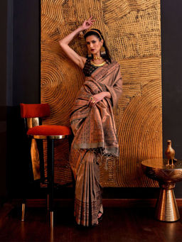 Odette - Women Brown Silk Blend Woven Saree with Unstitched Blouse