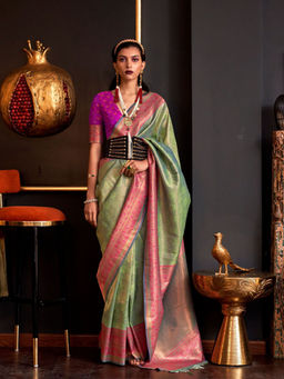 Odette - Women Green Silk Blend Woven Saree with Unstitched Blouse