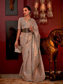 Odette - Women Grey Silk Blend Woven Saree with Unstitched Blouse