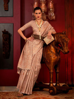 Odette - Women Peach Silk Blend Woven Saree with Unstitched Blouse