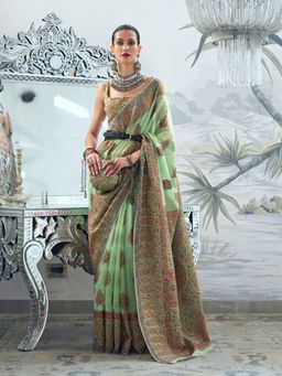 Odette - Women Green Silk Blend Paisley Saree with Unstitched Blouse