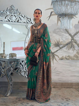 Odette - Women Green Silk Blend Woven Saree with Unstitched Blouse