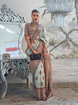 Odette - Women Blue Silk Blend Woven Saree with Unstitched Blouse