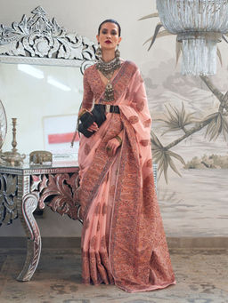 Odette - Women Peach Silk Blend Woven Saree with Unstitched Blouse