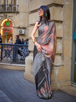 Odette - Women Black Viscose Printed Saree with Unstitched Blouse