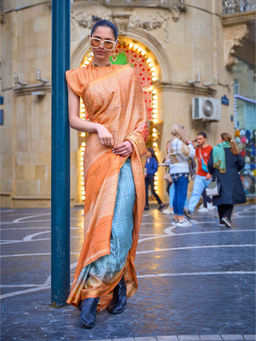 Odette - Women Orange Viscose Printed Saree with Unstitched Blouse