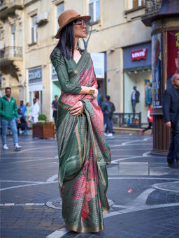 Odette - Women Green Viscose Printed Saree with Unstitched Blouse