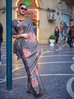 Odette - Women Grey Viscose Printed Saree with Unstitched Blouse