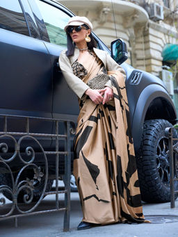 Odette - Women Gold Satin Printed Saree with Unstitched Blouse
