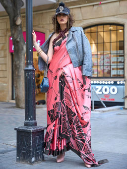 Odette - Women Pink Satin Printed Saree with Unstitched Blouse