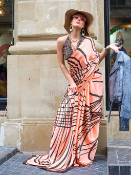 Odette - Women Peach Satin Printed Saree with Unstitched Blouse
