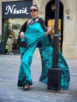 Odette - Women Blue Satin Printed Saree with Unstitched Blouse