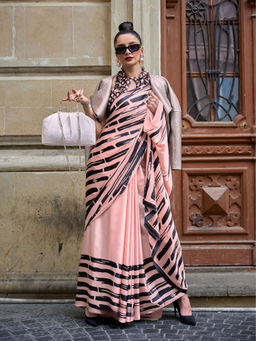 Odette - Women Peach Satin Printed Saree with Unstitched Blouse