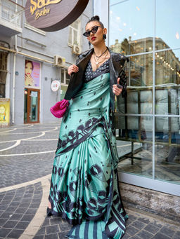 Odette - Women Green Satin Printed Saree with Unstitched Blouse