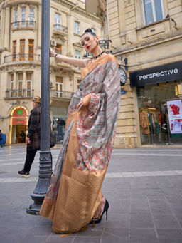 Odette - Women Grey Brasso Printed Saree with Unstitched Blouse