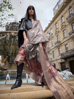 Odette - Women Grey Brasso Floral Saree with Unstitched Blouse