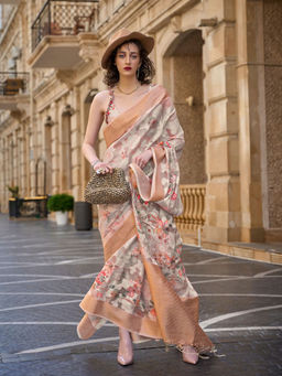 Odette - Women Multi-Color Brasso Floral Saree with Unstitched Blouse