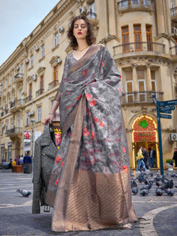 Odette - Women Grey Brasso Floral Saree with Unstitched Blouse
