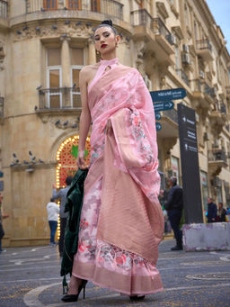 Odette - Women Pink Brasso Floral Saree with Unstitched Blouse