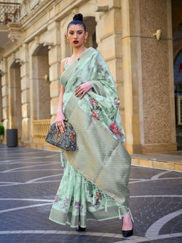 Odette - Women Green Brasso Floral Saree with Unstitched Blouse