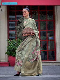 Odette - Women Green Brasso Floral Saree with Unstitched Blouse