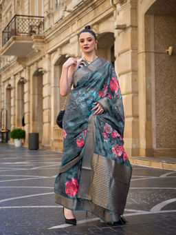 Odette - Women Grey Brasso Floral Saree with Unstitched Blouse