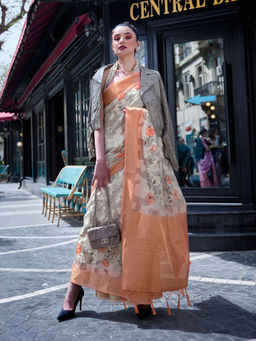 Odette - Women Beige Brasso Floral Saree with Unstitched Blouse