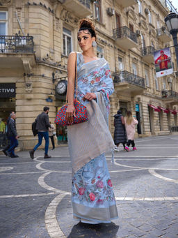 Odette - Women Blue Brasso Floral Saree with Unstitched Blouse