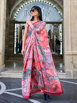 Odette - Women Multi-Color Satin Printed Saree with Unstitched Blouse