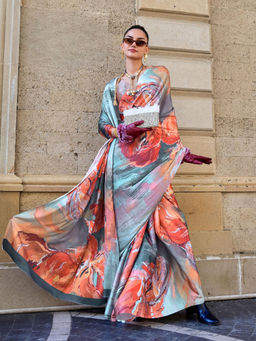Odette - Women Multi-Color Satin Printed Saree with Unstitched Blouse